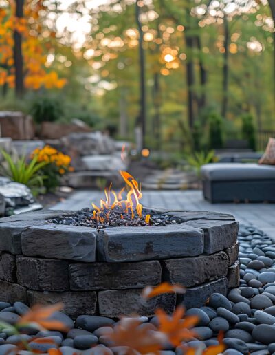 Stone walkway with fireplace and flowers