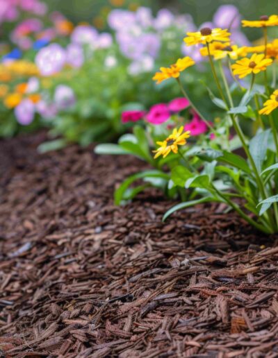 Beautiful freshly mulched flower bed with colorful flowers