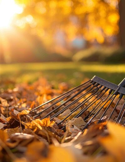 Man raking up a pile of leaves at sunset